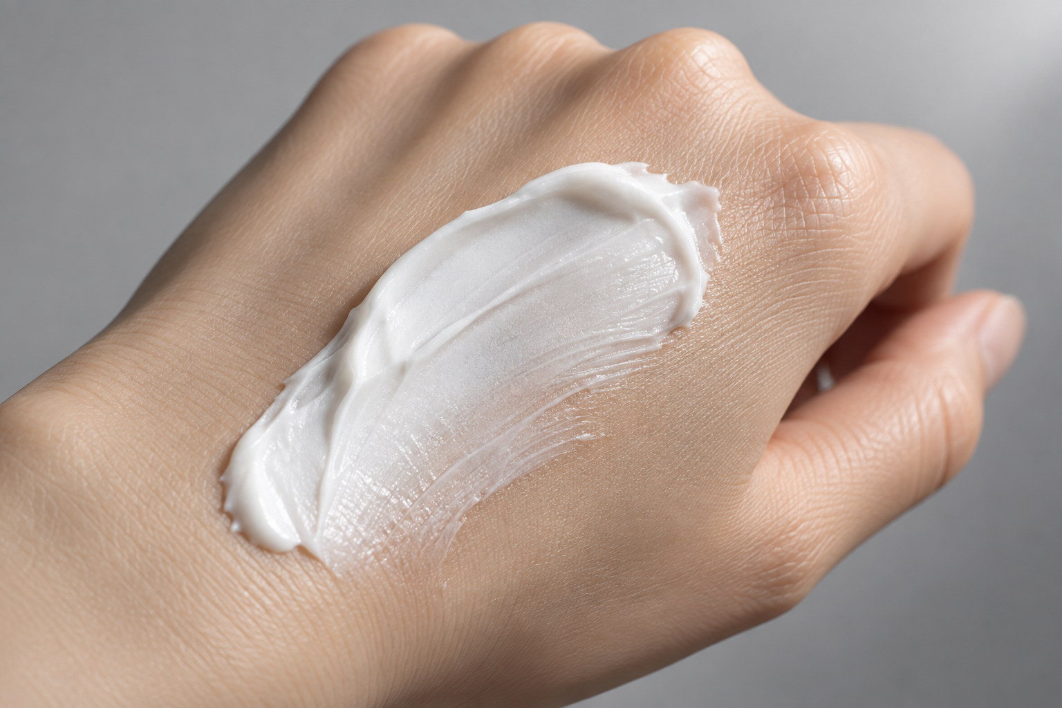 Ceramide-rich barrier cream texture swatched on the back of a hand