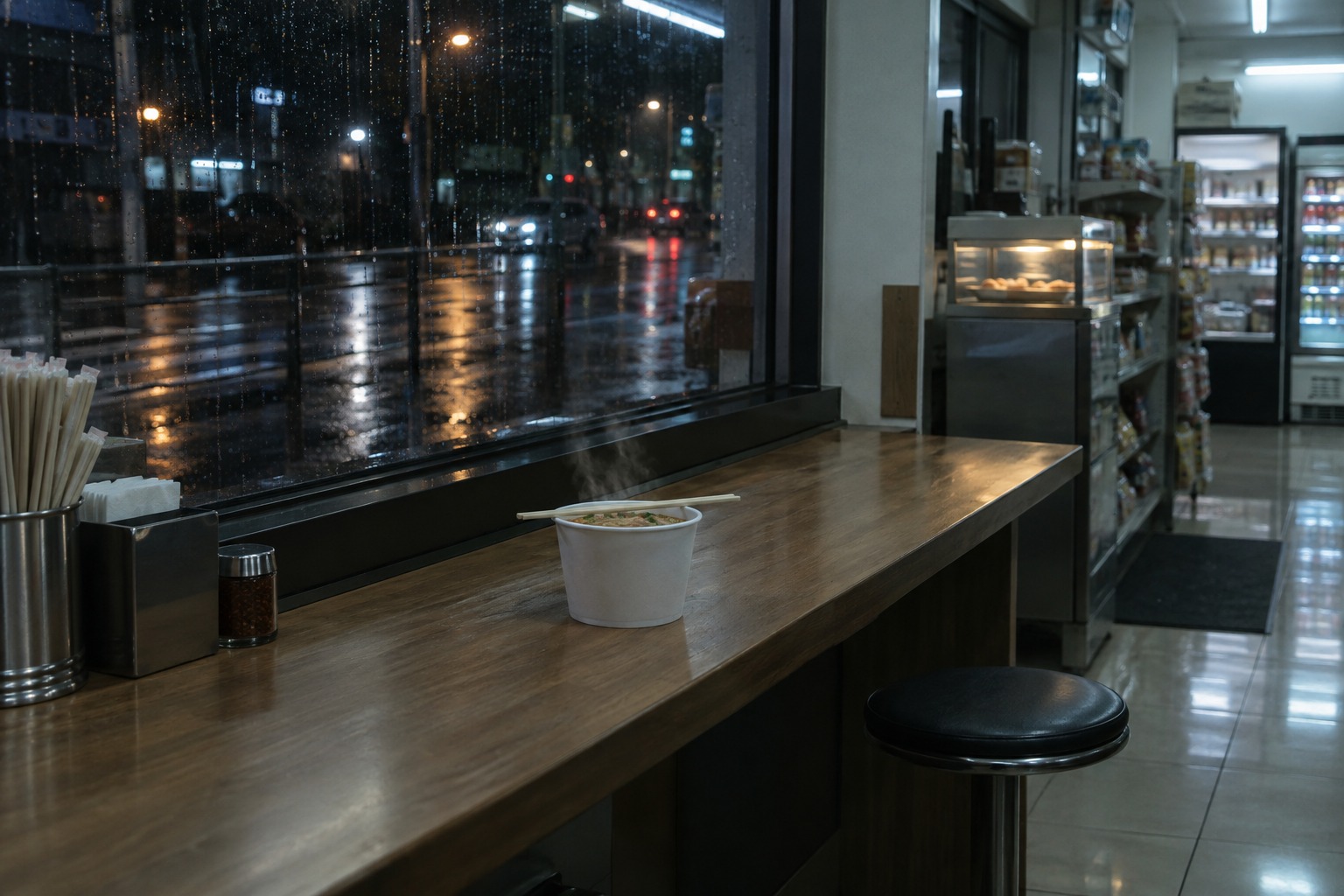 Instant noodles in a paper cup steaming on a narrow convenience store counter at night, dark street visible through the window