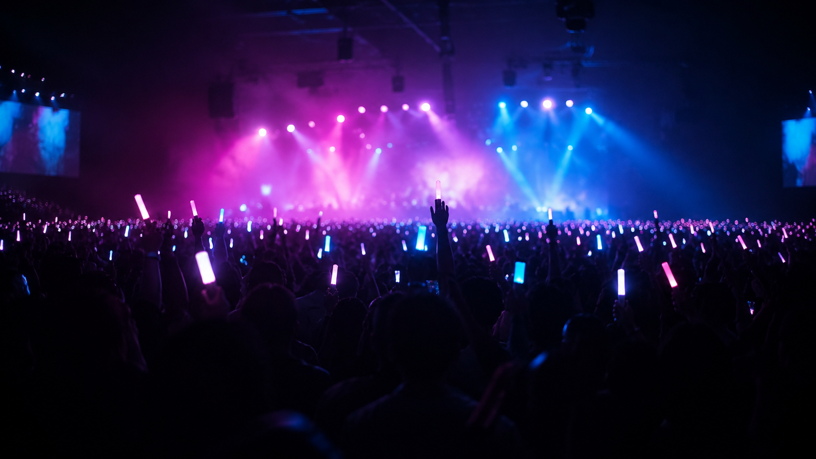 Concert crowd holding illuminated K-pop light sticks in a darkened arena
