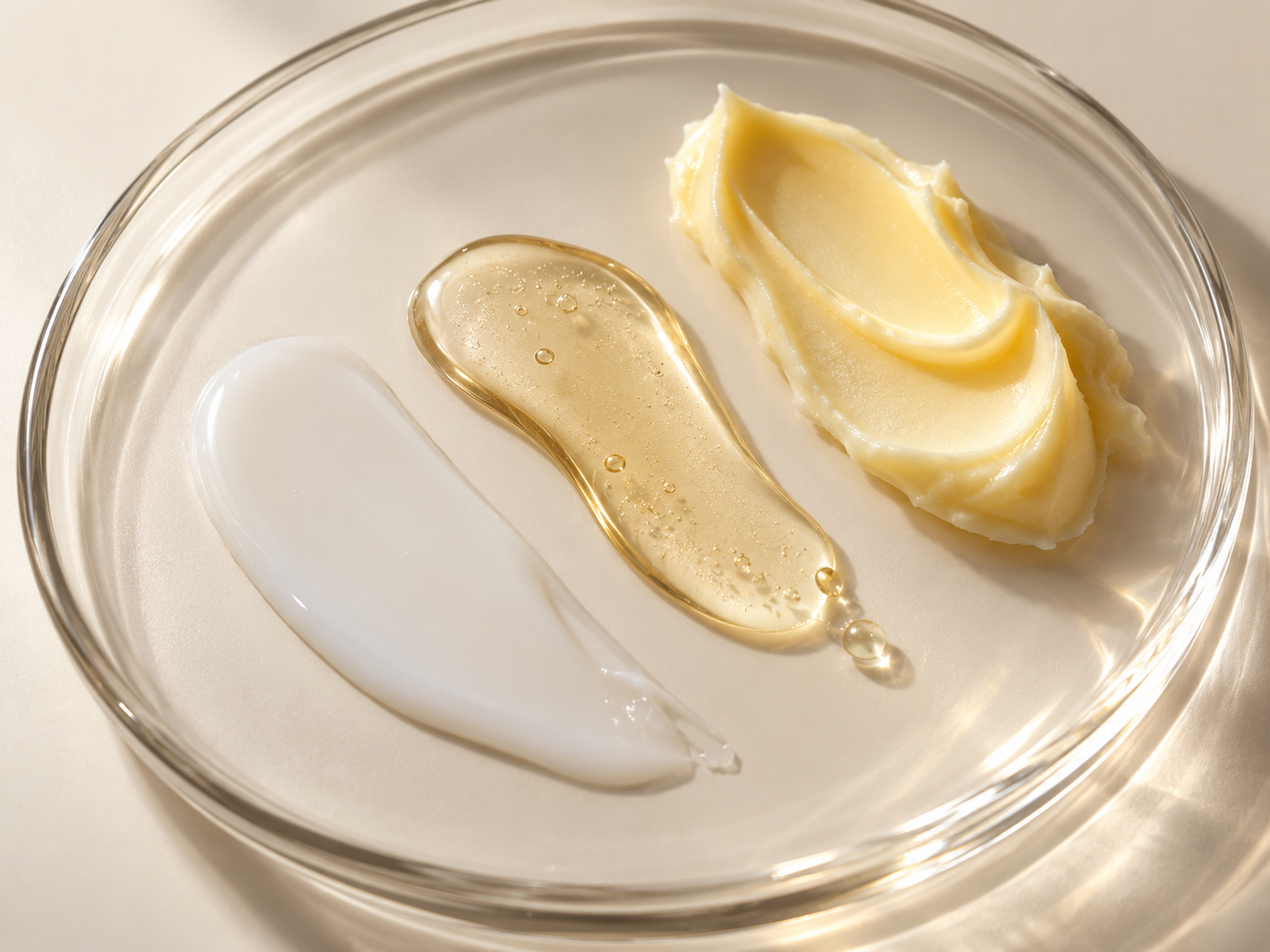 Three skincare texture swatches on glass: a milky lotion, a translucent pale yellow serum, and a rich yellow cream