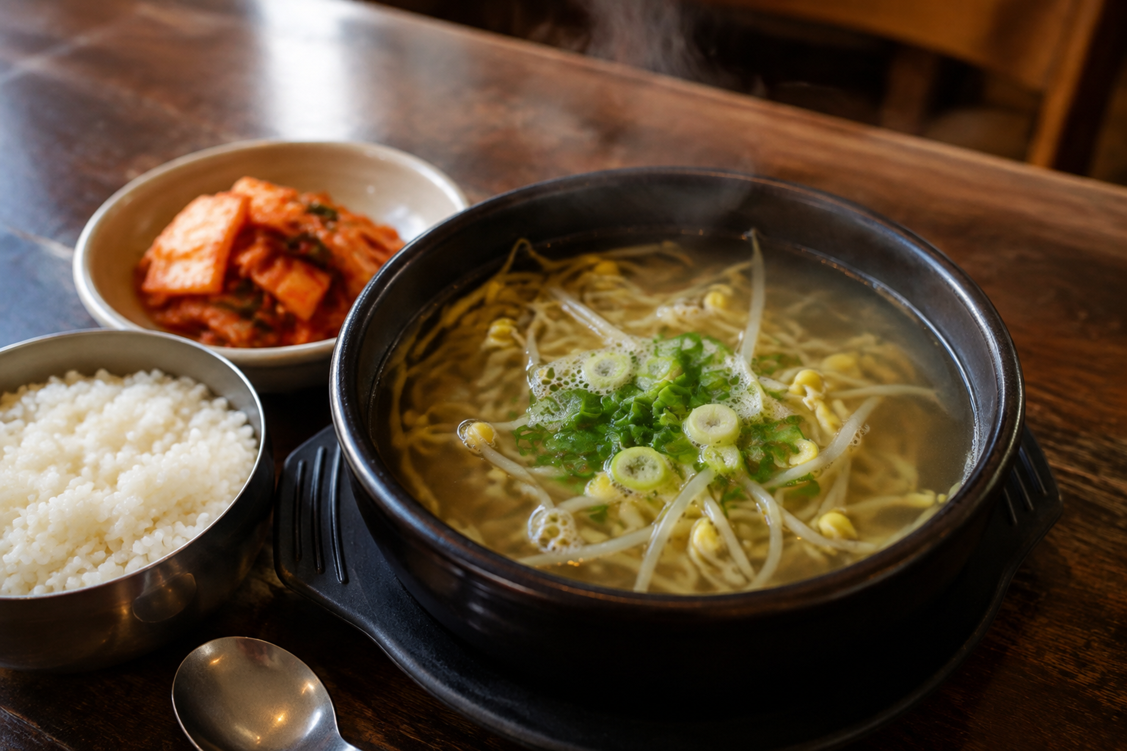 A steaming bowl of Korean bean sprout soup served with rice and kimchi