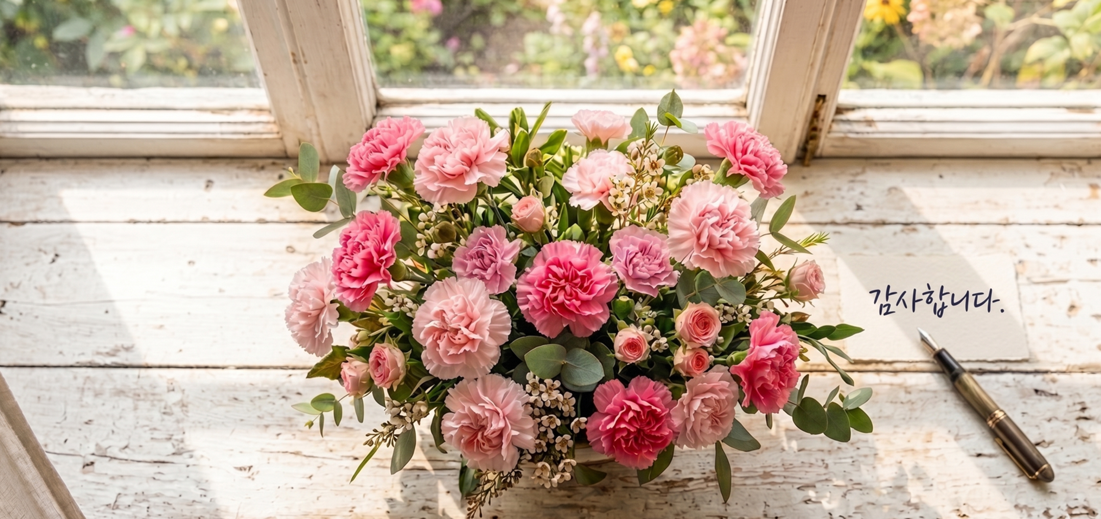 Carnation flower baskets and thank-you cards placed by sunny windows