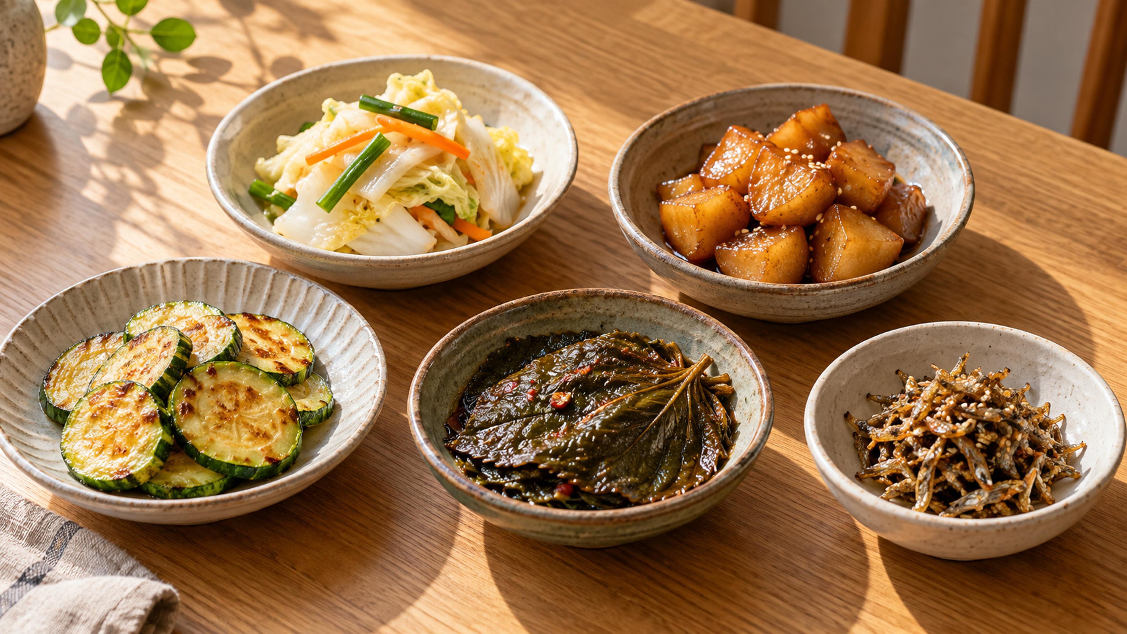Assorted Korean banchan in small dishes, including white kimchi, braised potatoes, pan-fried zucchini, pickled perilla leaves and stir-fried anchovies