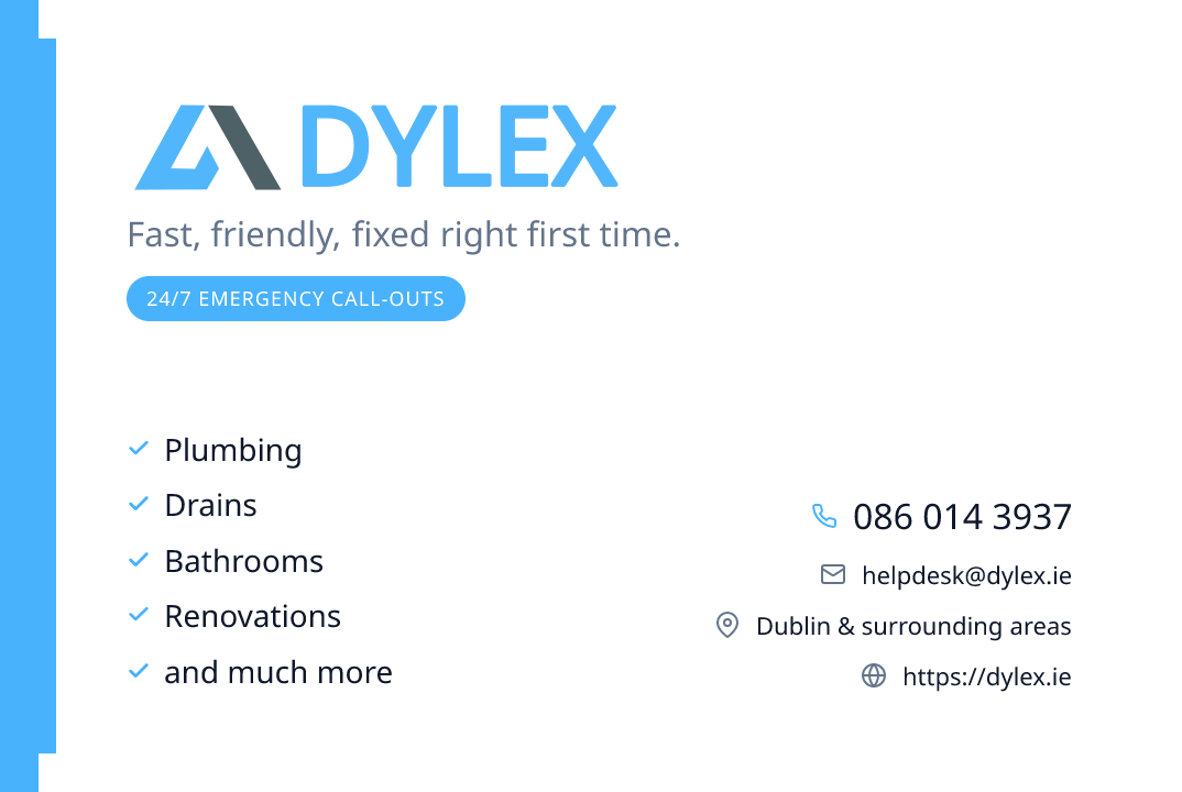 Front of the Dylex business card: logo, the line Fast friendly fixed right first time, a 24/7 emergency call-outs badge, five services and the contact details