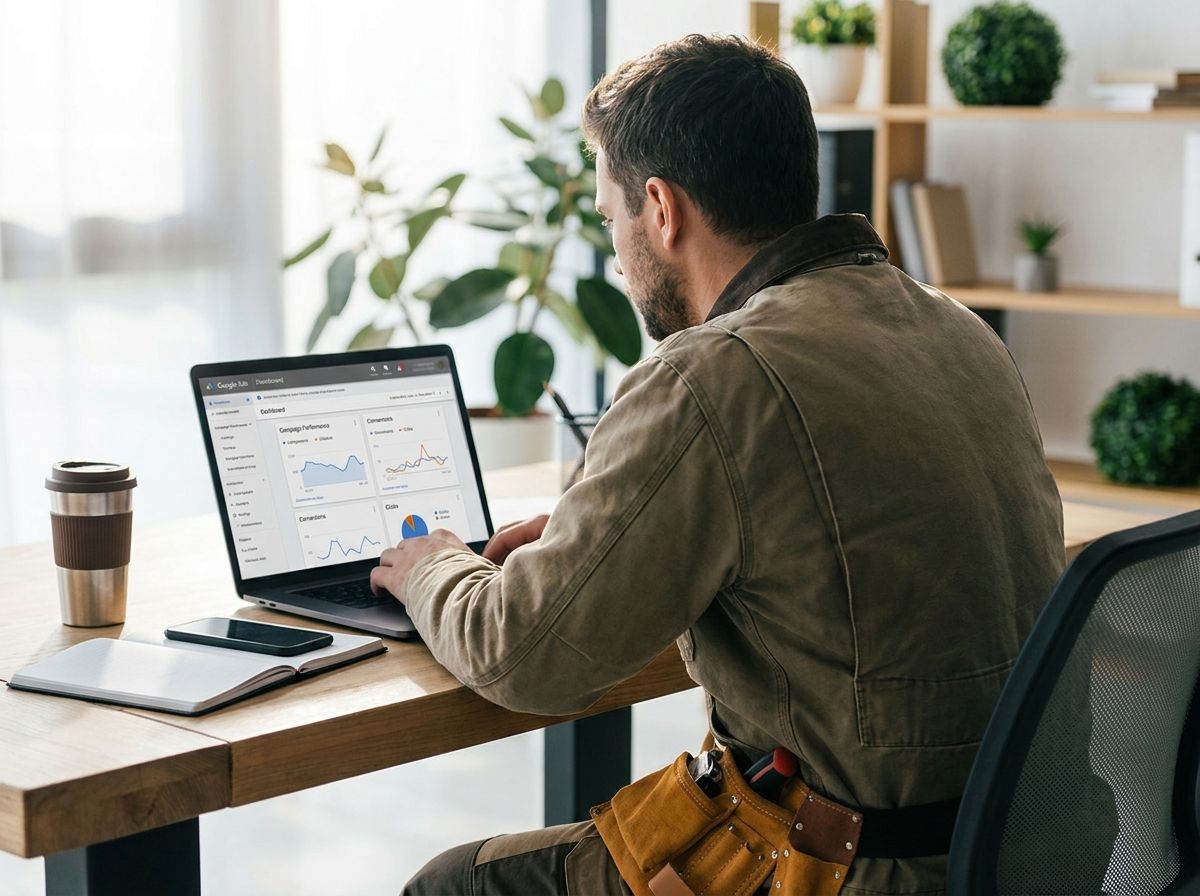 Electrician reviewing Google Ads campaign results on a laptop at a desk