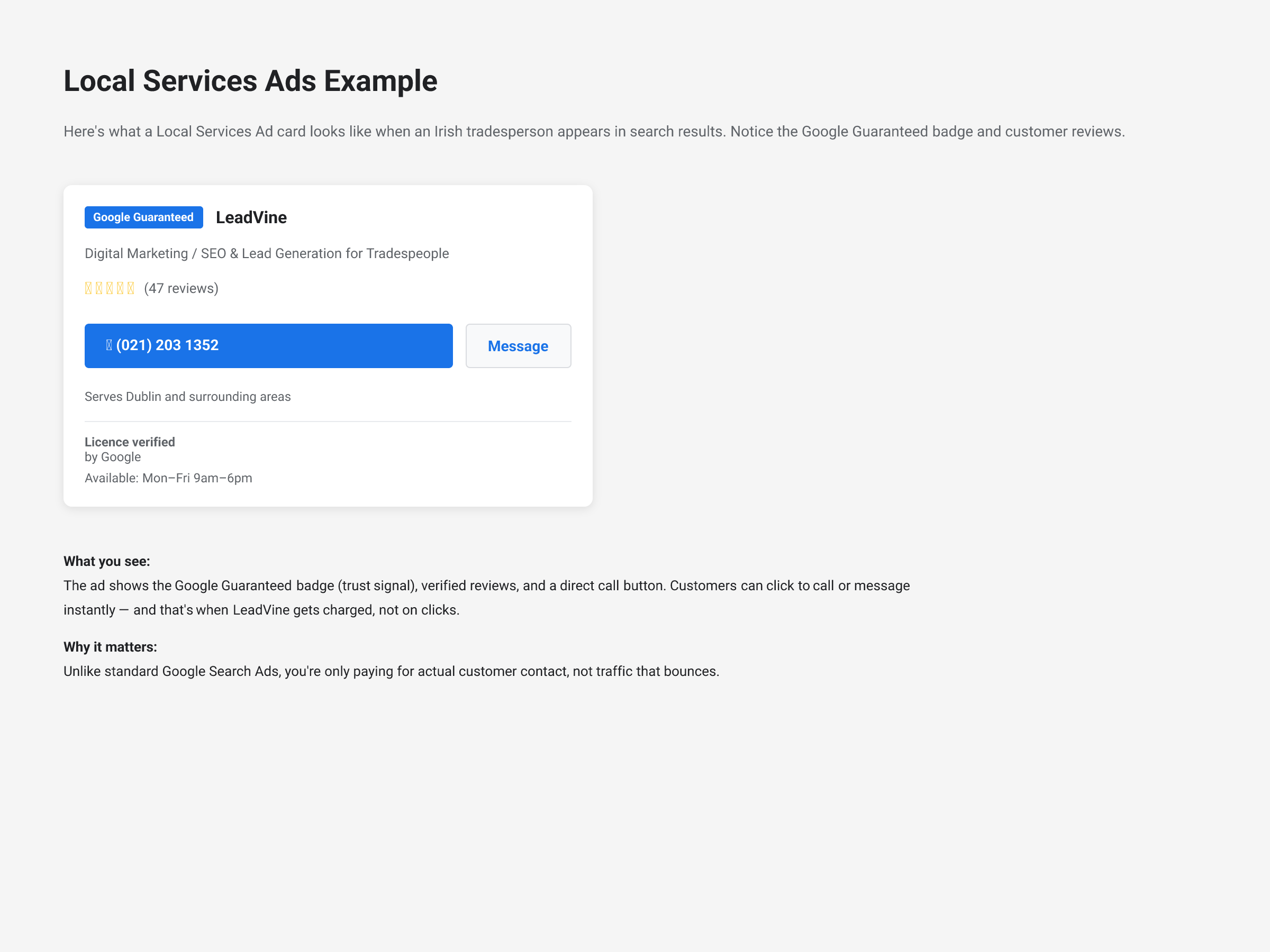 Local Services Ads example card with Google Guaranteed badge, five-star reviews, phone number button for Irish tradesperson