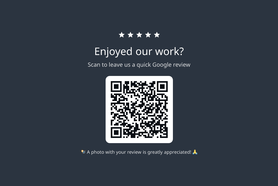 Back of the Dylex business card, reading Enjoyed our work? and Scan to leave us a quick Google review, with a QR code
