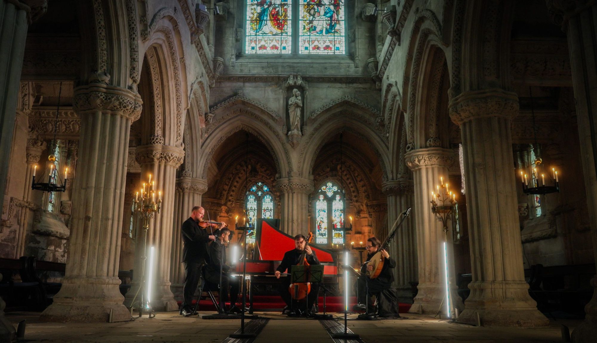 Musicians of Arcangelo playing inside Rosslyn Chapel.