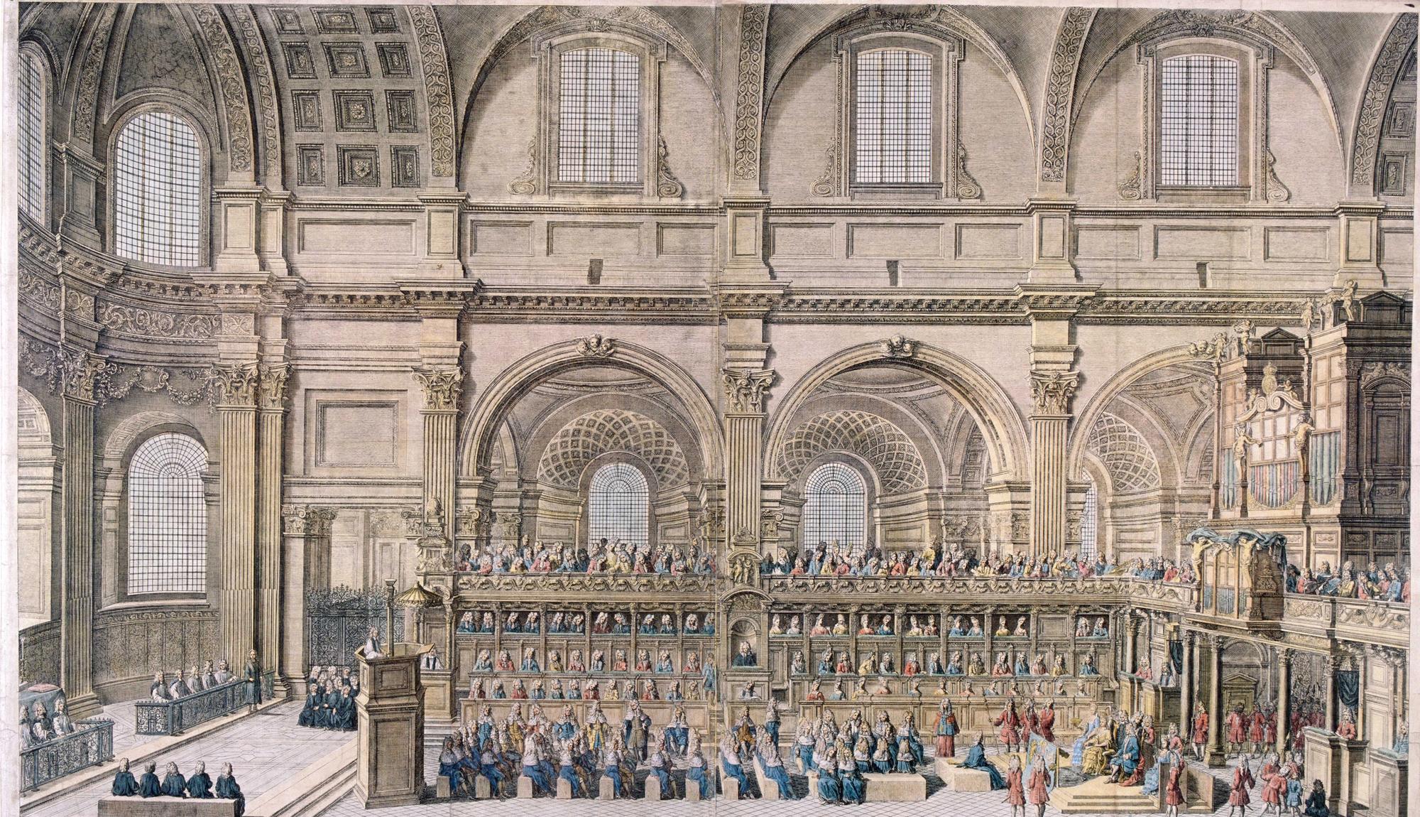 Hand-coloured engraving of the choir of St Paul's Cathedral during the thanksgiving service of December 1706, the congregation in tiered stalls and musicians in the gallery at the right.