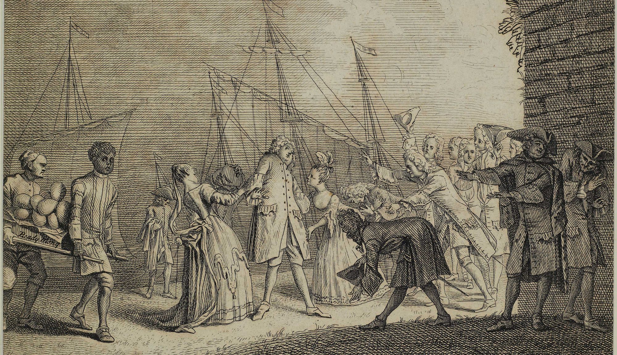 Satirical engraving of the castrato Senesino arriving by ship in England, greeted on the quayside by the rival sopranos Francesca Cuzzoni and Faustina Bordoni, while servants carry his wealth from Italy and onlookers jeer.