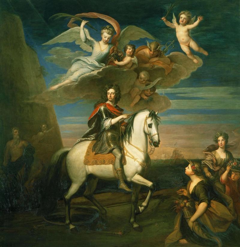 Kneller’s equestrian portrait of William III, mythological figures overhead.