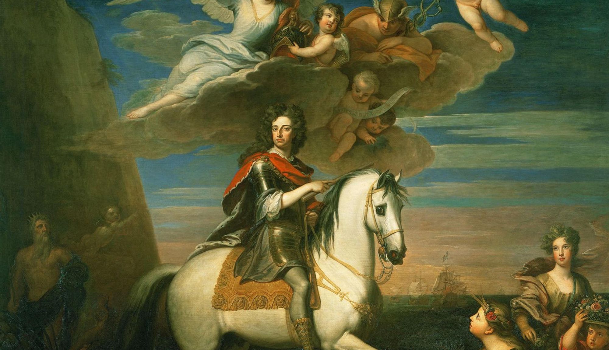 William III in armour on a rearing white horse, with allegorical figures on clouds above and Neptune and Ceres at the shore below.