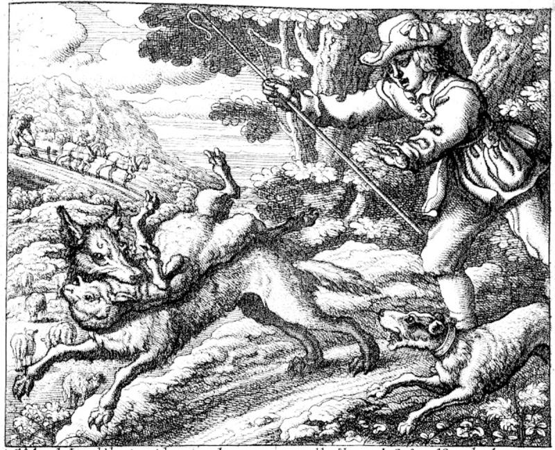 Barlow’s engraving for the Aesop fable of the boy who cried wolf.
