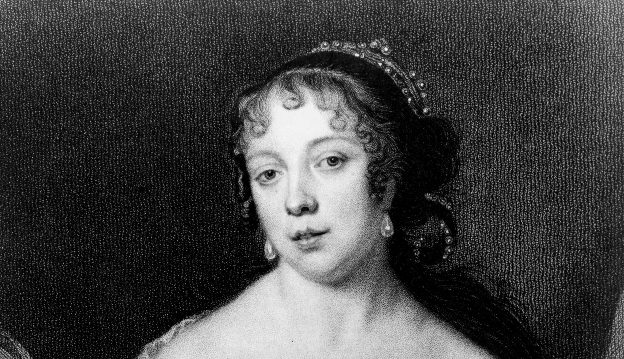 Stipple engraving of Elizabeth Pepys as St Catherine, pearls in her hair and an off-the-shoulder silk gown, her hand resting on the saint's wheel.