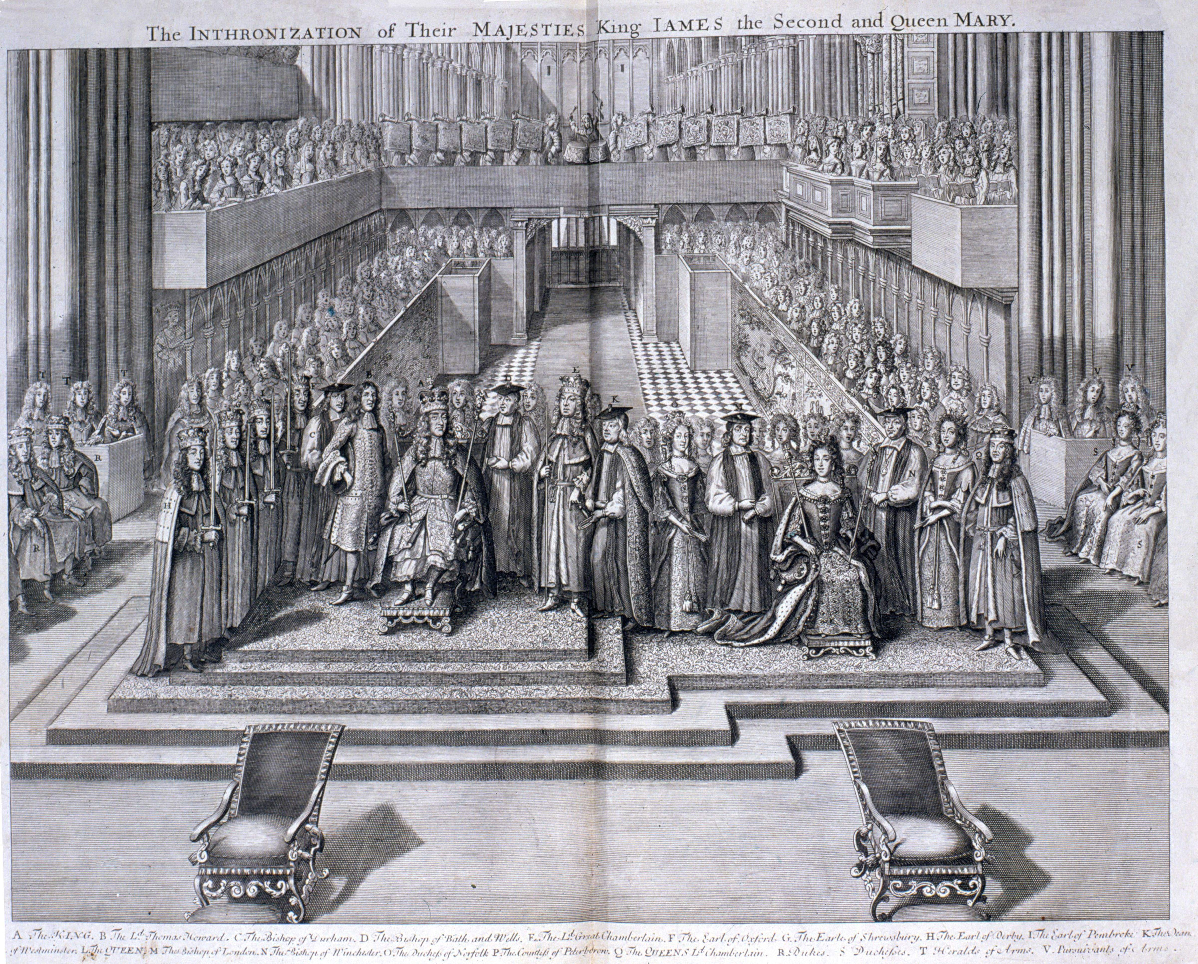 The enthronement of James II and Mary of Modena in Westminster Abbey, 1685, engraved after Francis Sandford