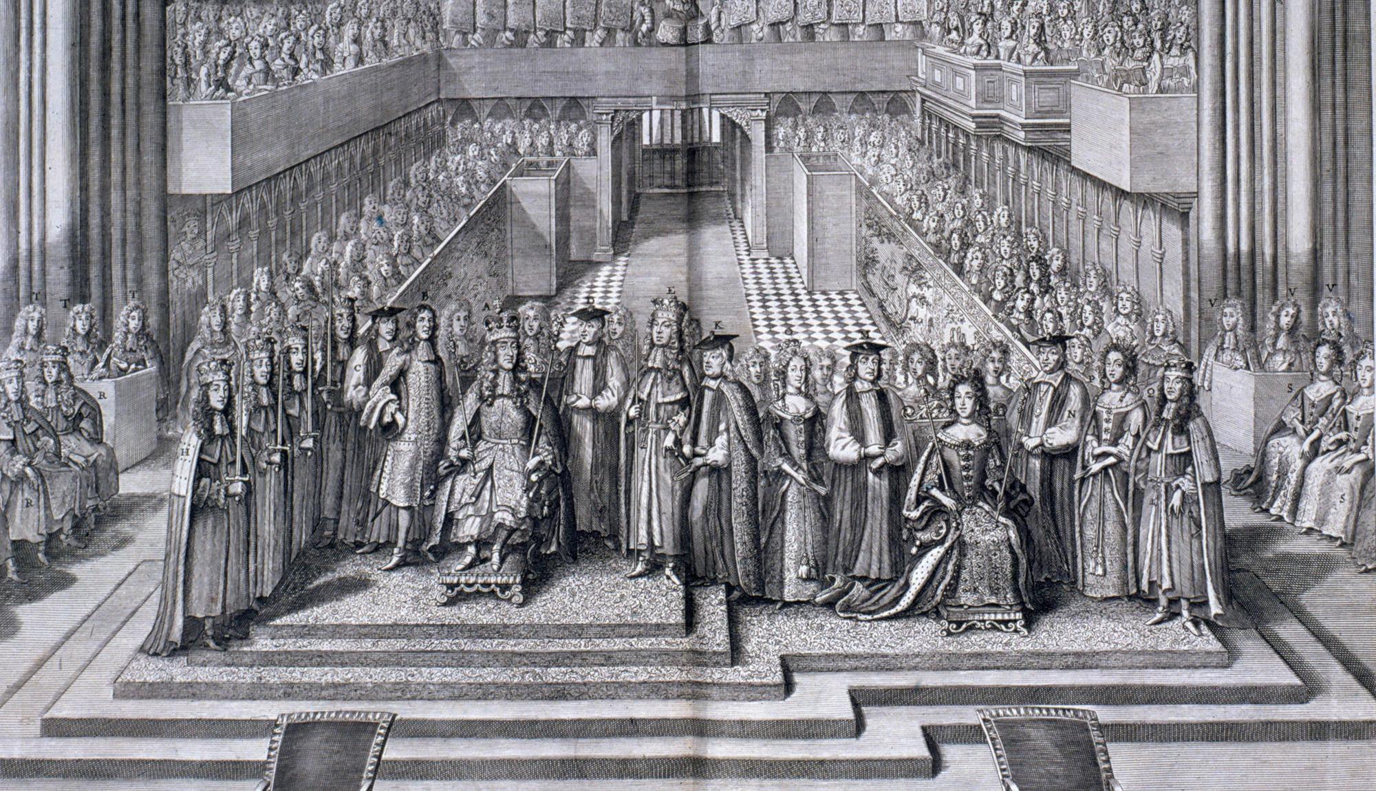 The enthronement of James II and Mary of Modena in Westminster Abbey, 1685, engraved after Francis Sandford