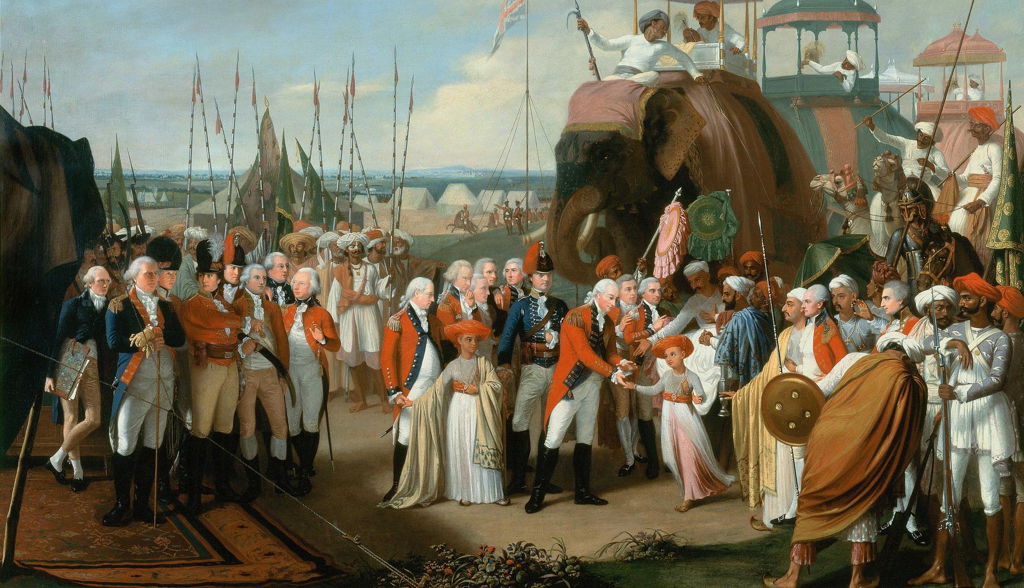 Painting of Lord Cornwallis, in red coat, receiving the two young sons of Tipu Sultan as hostages in 1793, surrounded by British officers and Mysorean courtiers, with decorated elephants and a military camp behind.