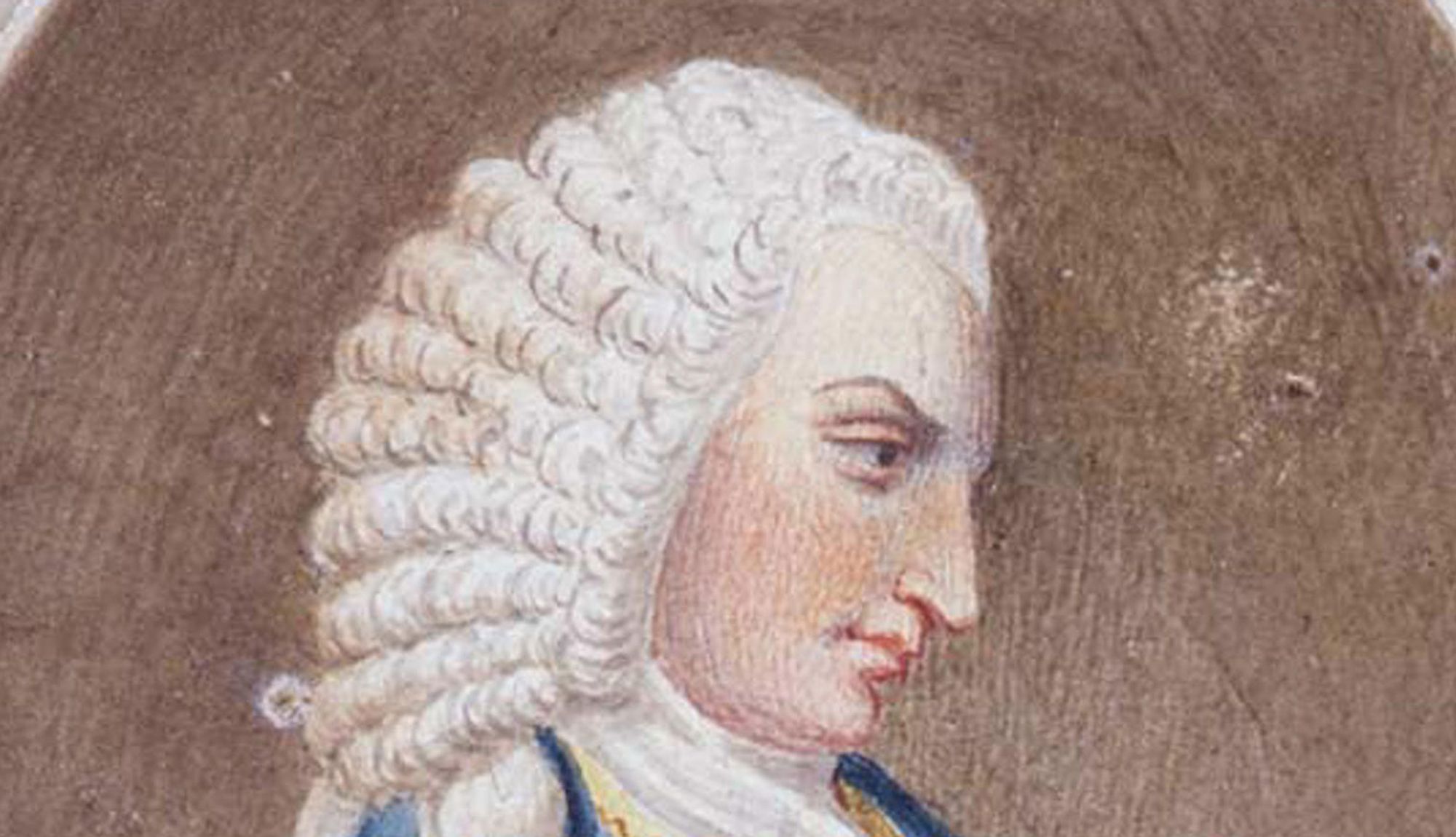 Portrait of the theatre manager John Rich in profile, wearing a long powdered wig and a blue coat with gold trim, c.1750.