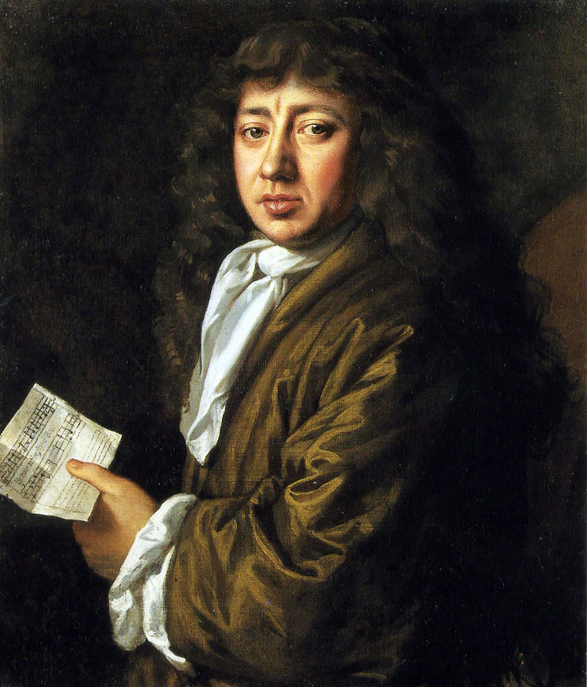 Samuel Pepys holding his own setting of "Beauty, retire", by John Hayls, 1666.