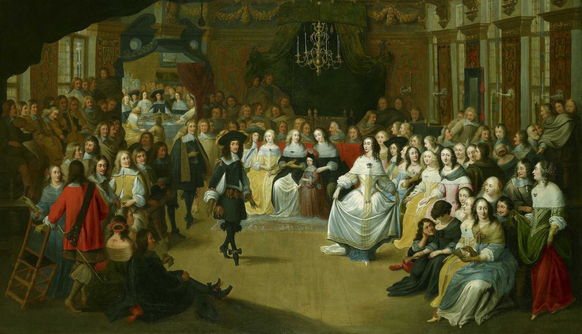 Charles II dancing with his sister Mary at a court ball in The Hague, painted by Hieronymus Janssens, the couple in the centre of a candlelit room with courtiers and musicians around them