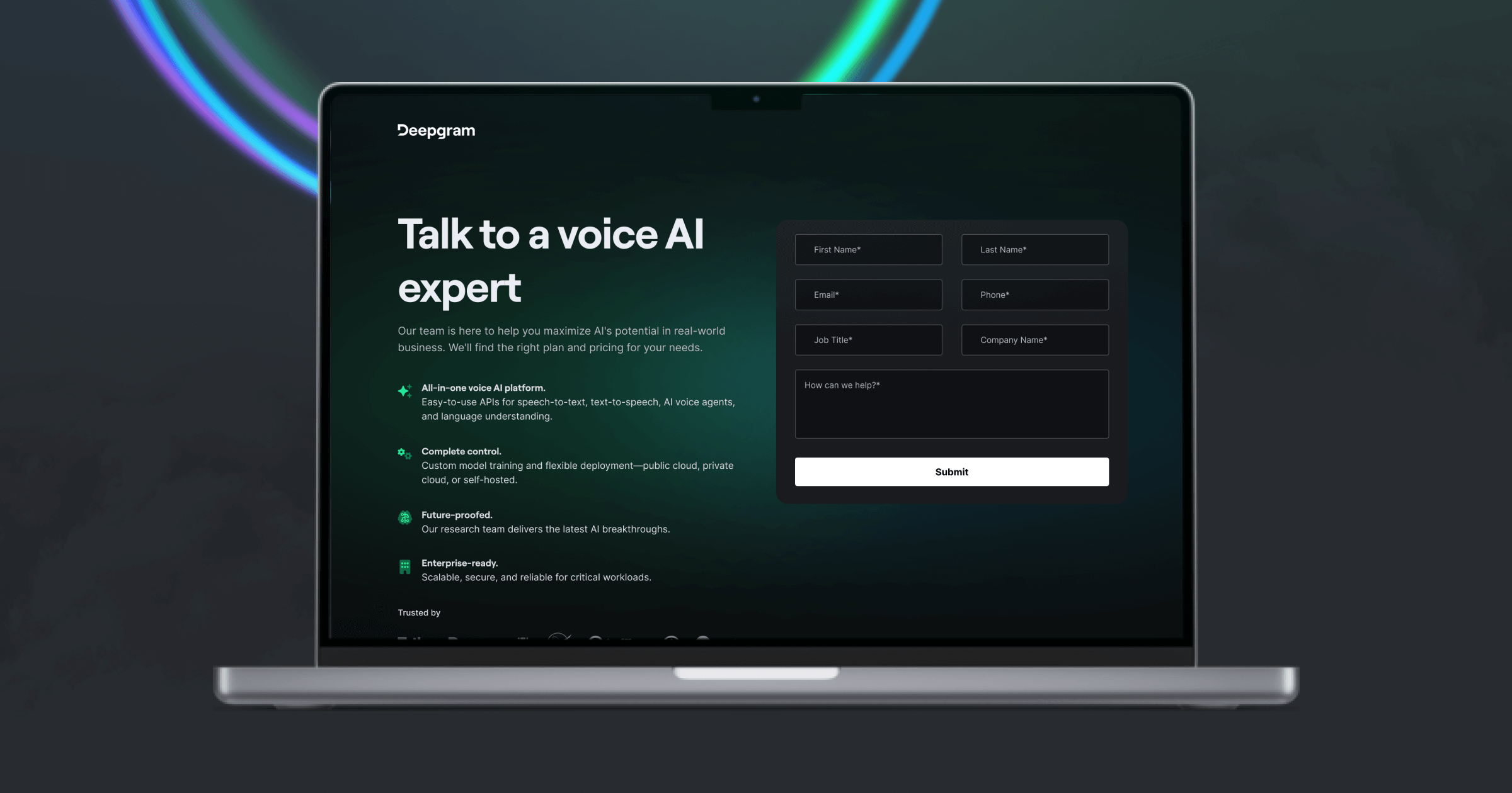 Laptop displaying a voice AI platform's contact form and features against a dark background.