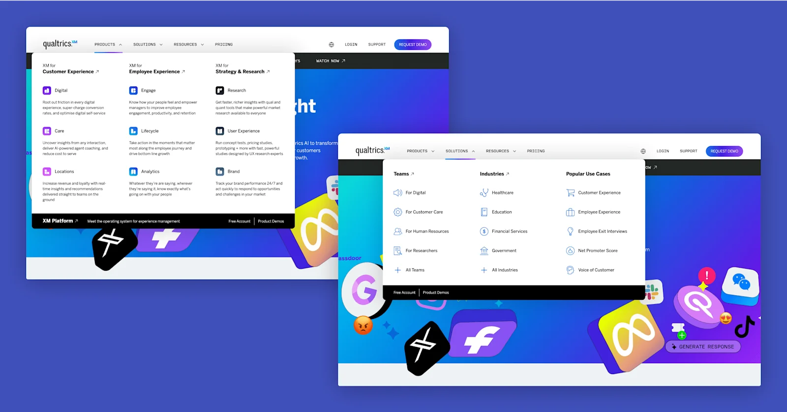 Screenshot of Qualtrics platform showcasing customer, employee experience, and research solutions with colorful icons.