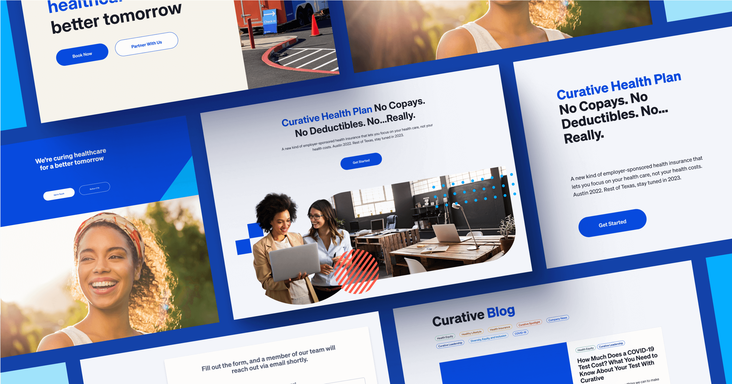 Collage of web pages promoting Curative's health plan with diverse people smiling and engaging with content.