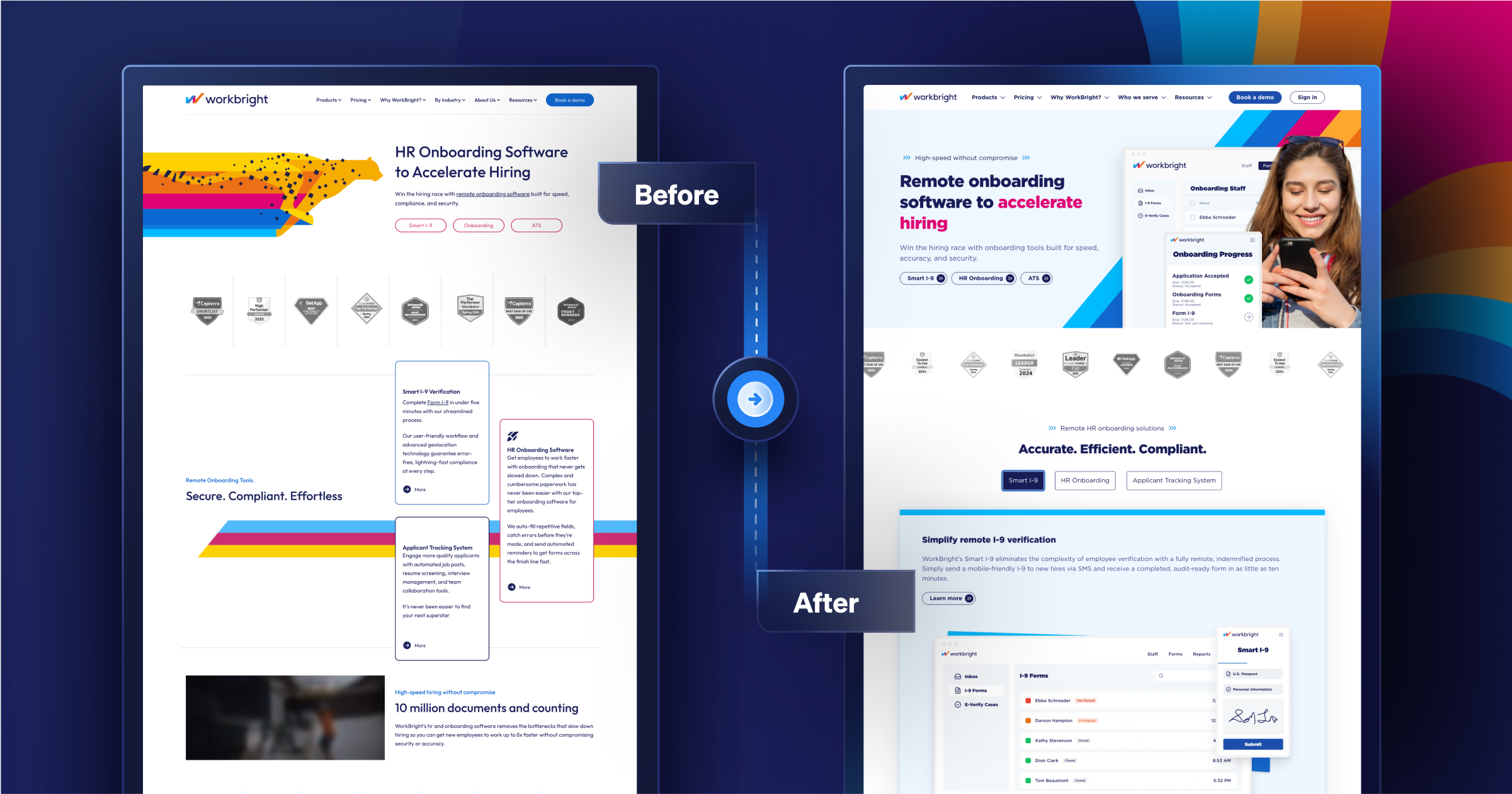 Before and after comparison of Workbright's HR onboarding software webpages, showcasing improved design and usability.