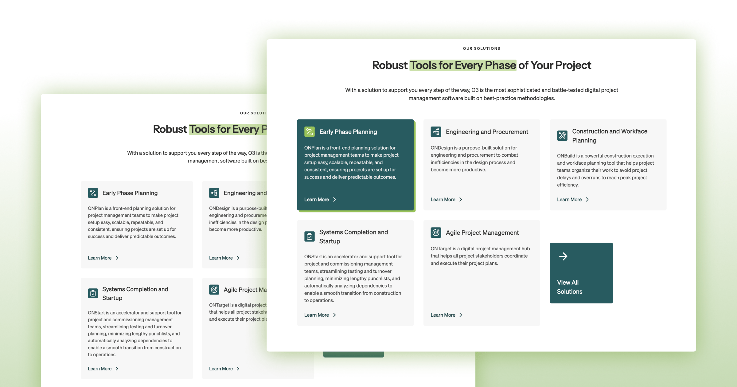 Webpage showcasing project management solutions, highlighting features like early phase planning and workflow efficiency tools.