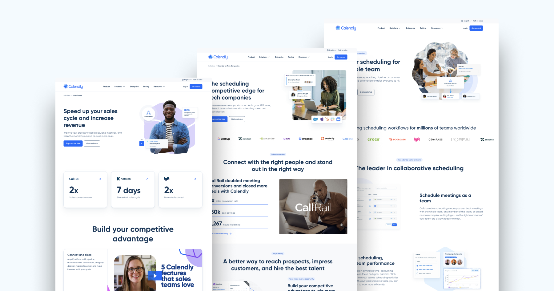 Screenshots of the Calendly website, showcasing features for sales and scheduling productivity.