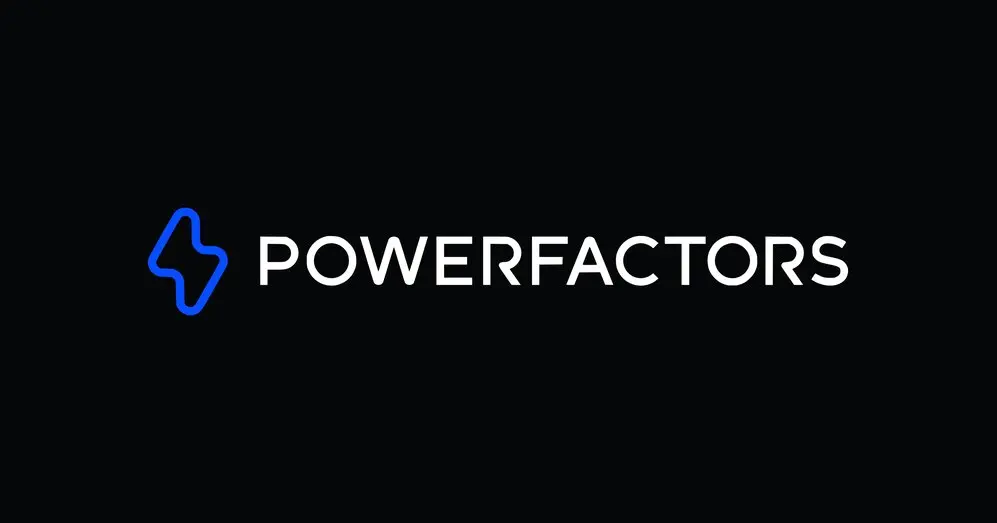 Logo of PowerFactors featuring stylized text on a black background.