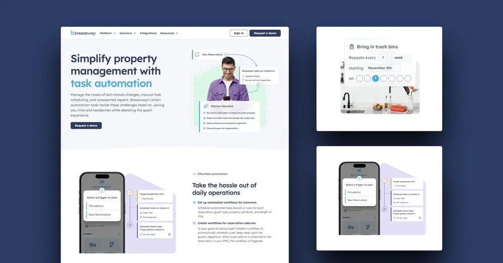 Website design promoting Breezeway's property management task automation features, with app interface screenshots and text.