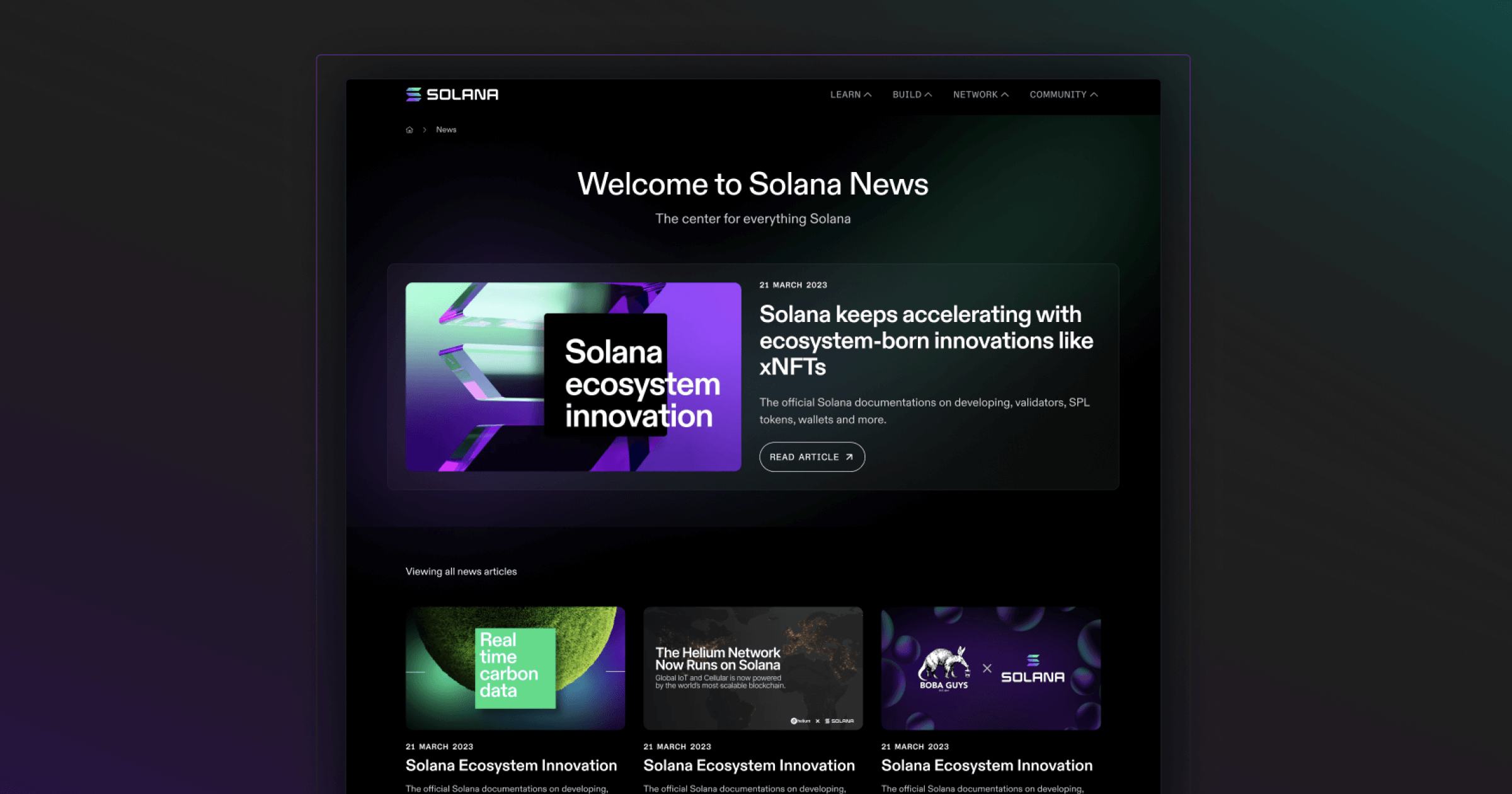 Webpage showcasing Solana news and ecosystem innovations, highlighting recent articles and updates.