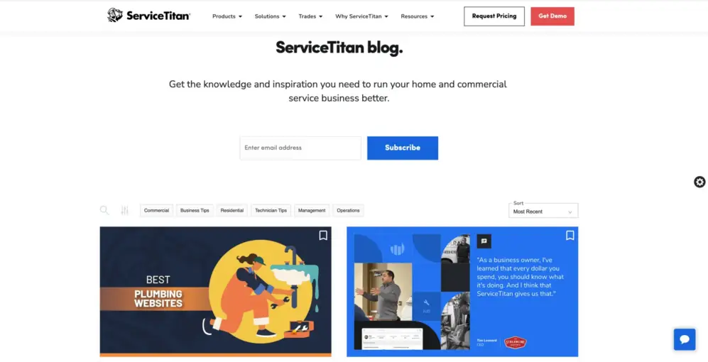 ServiceTitan blog homepage featuring tips for plumbing websites and service business management resources.