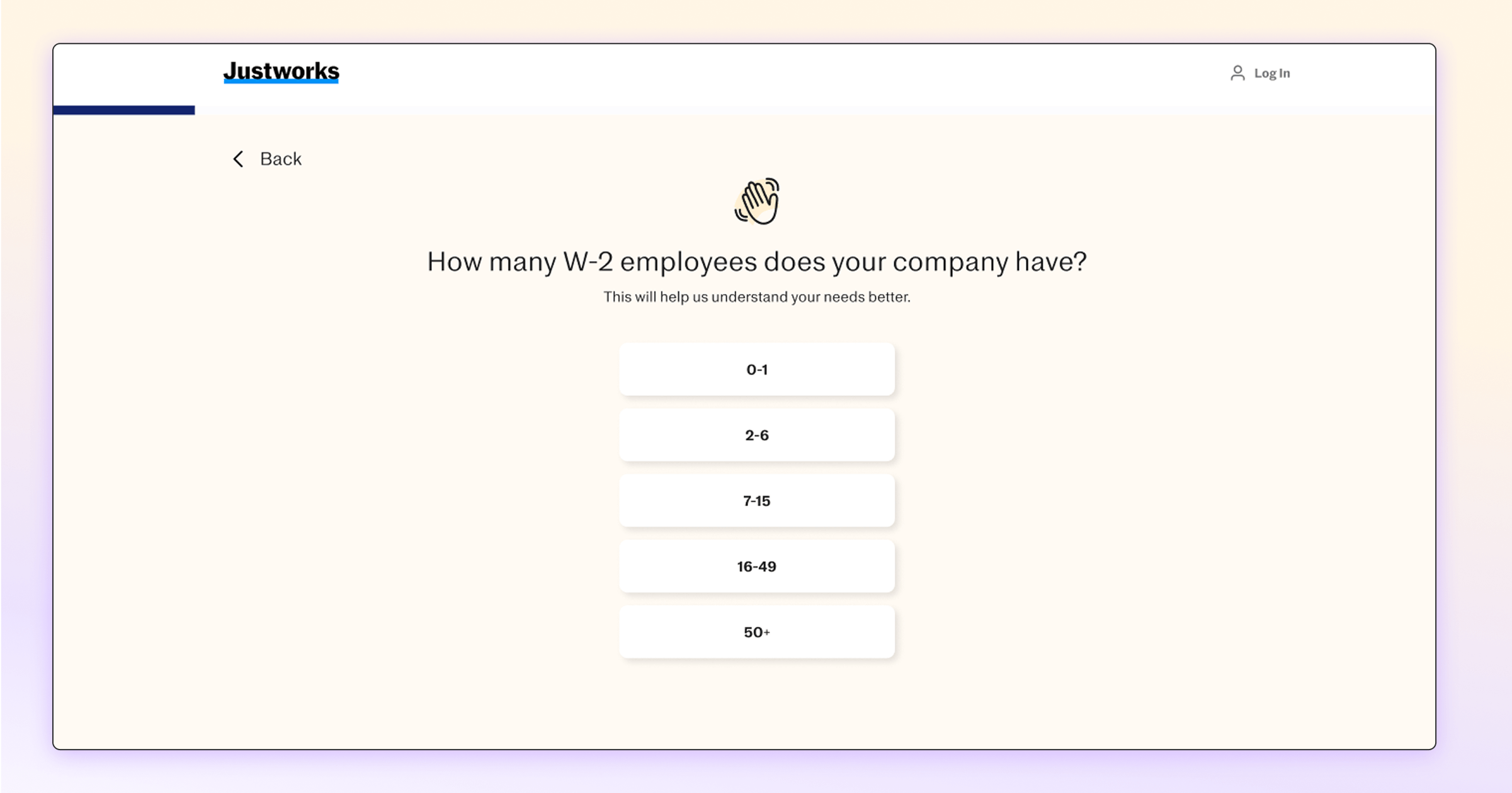Questionnaire screen asking about the number of W-2 employees at a company, with multiple-choice options listed.
