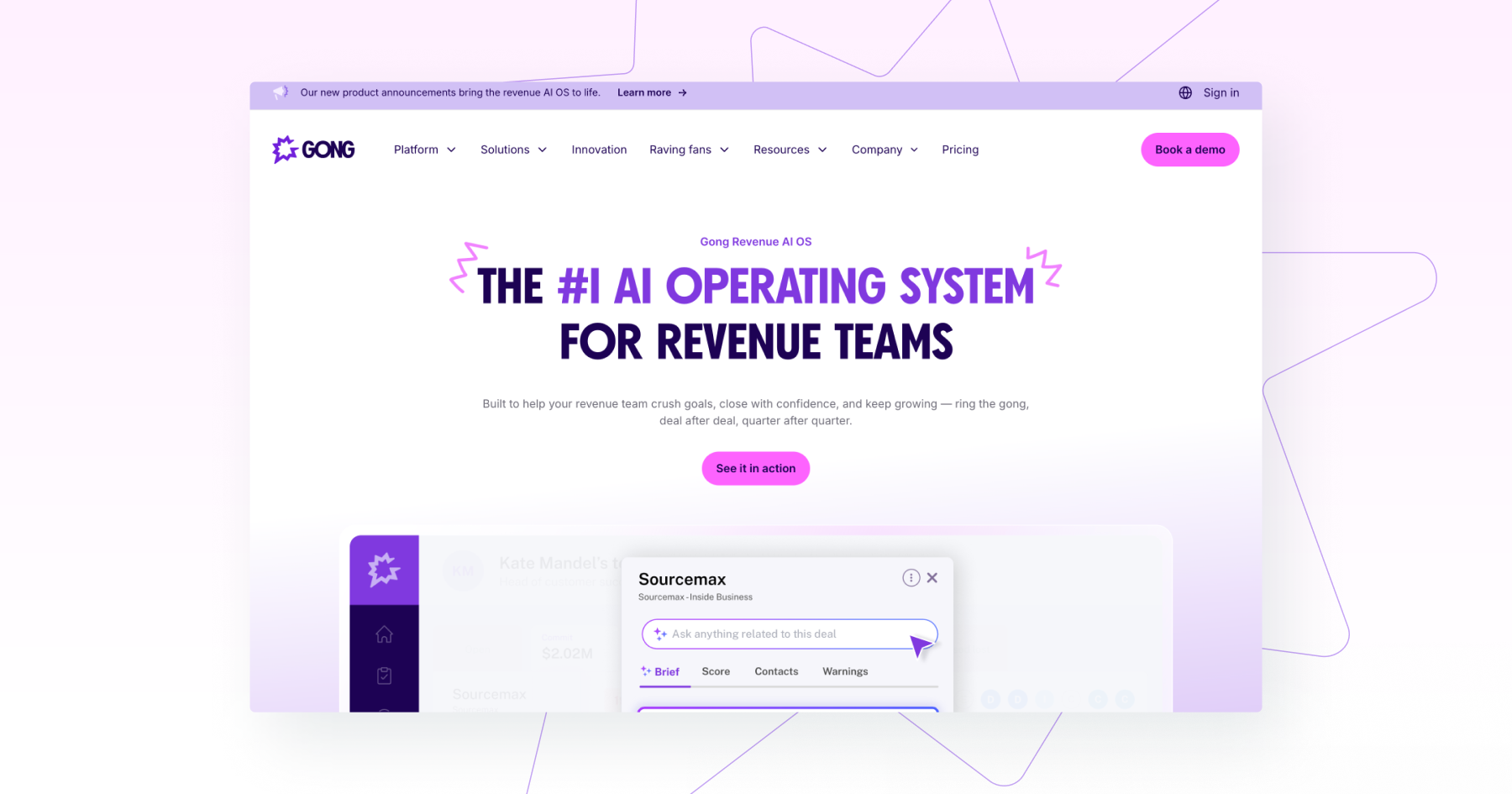 Screenshot of Gong's website promoting their AI operating system for revenue teams.