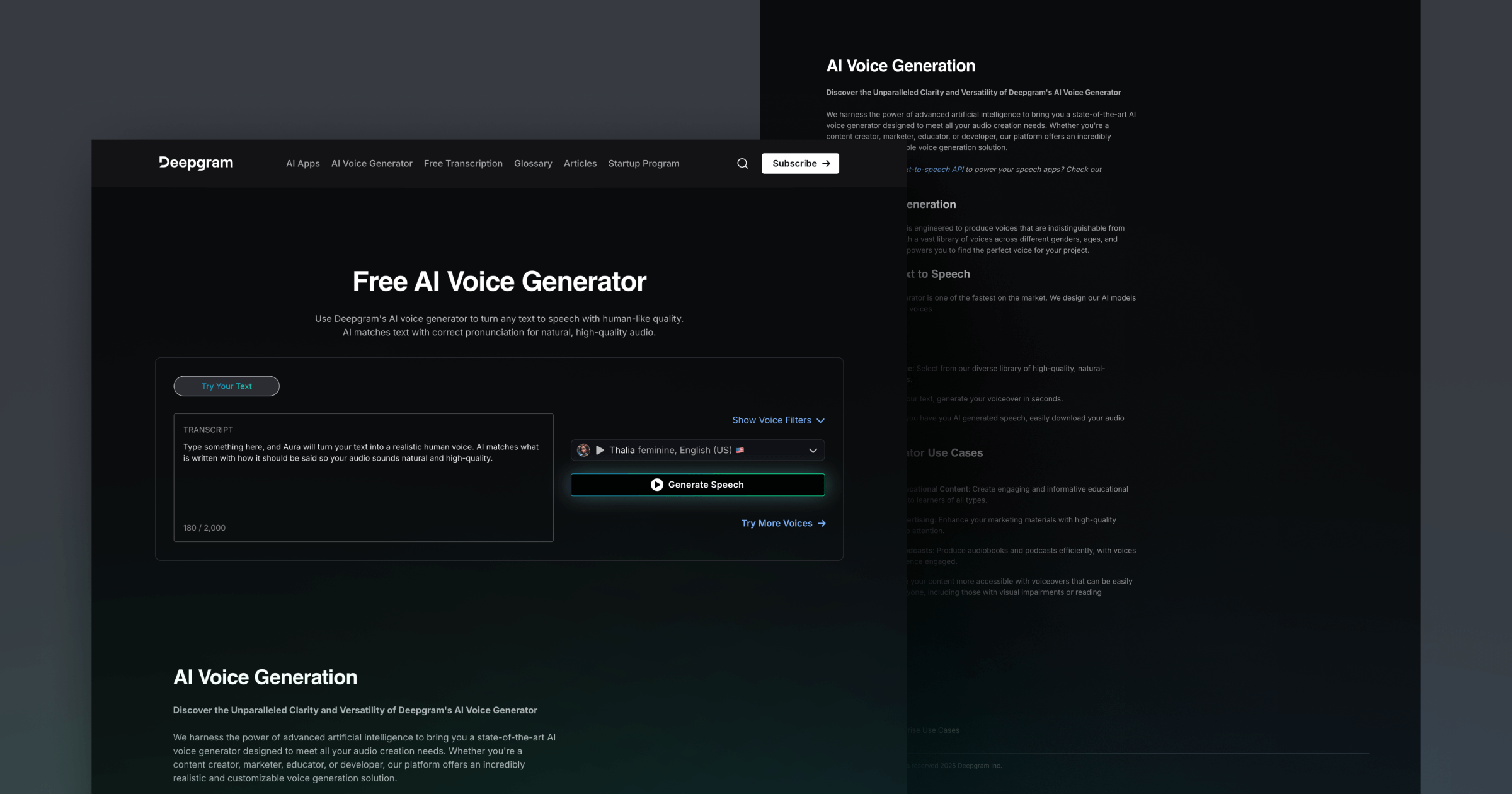 Screenshot of Deepgram's AI Voice Generator webpage featuring text input, voice options, and features for creating audio.
