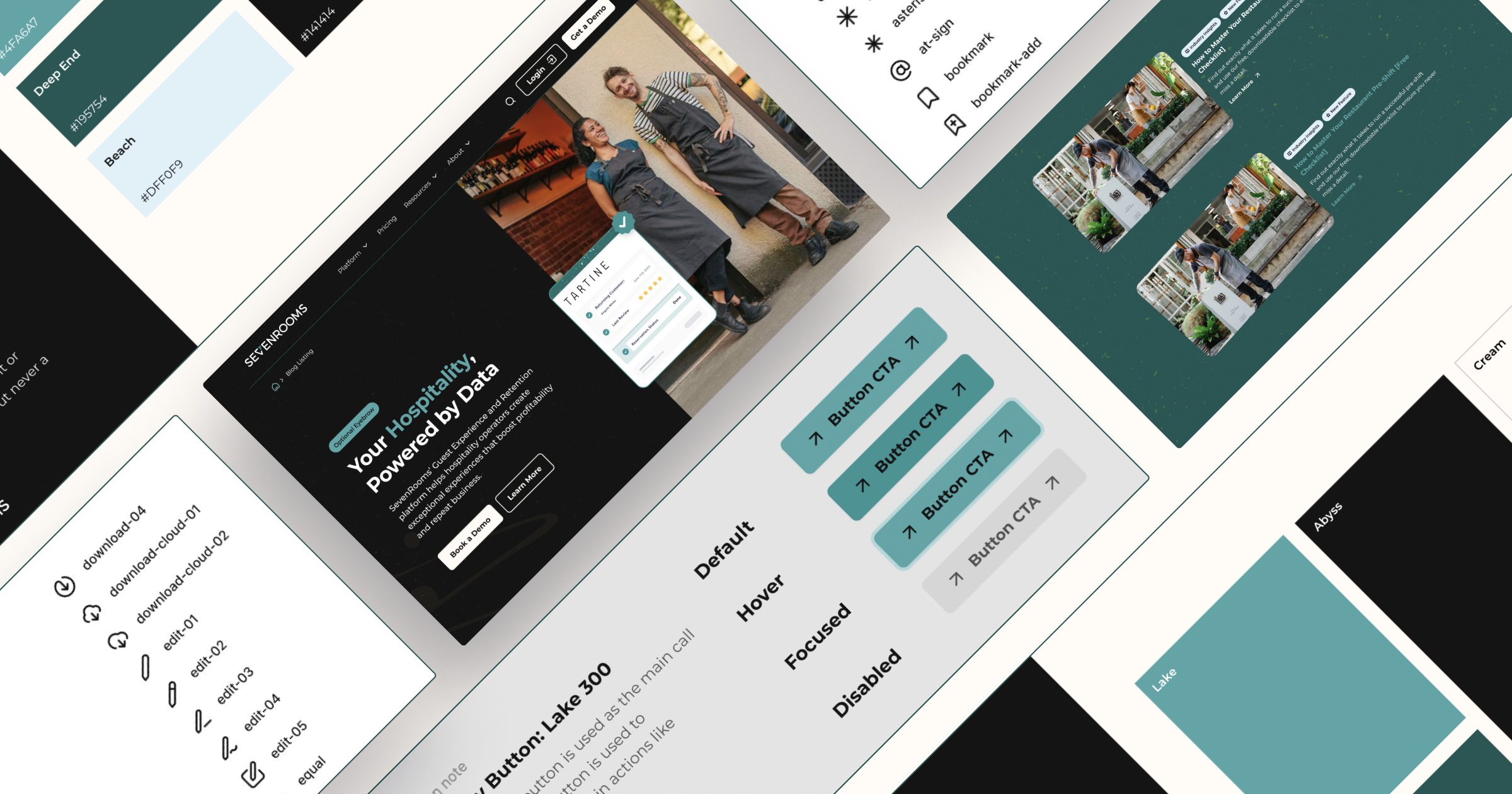 UI design layout featuring a restaurant website, showcasing buttons, color palettes, and key visuals.