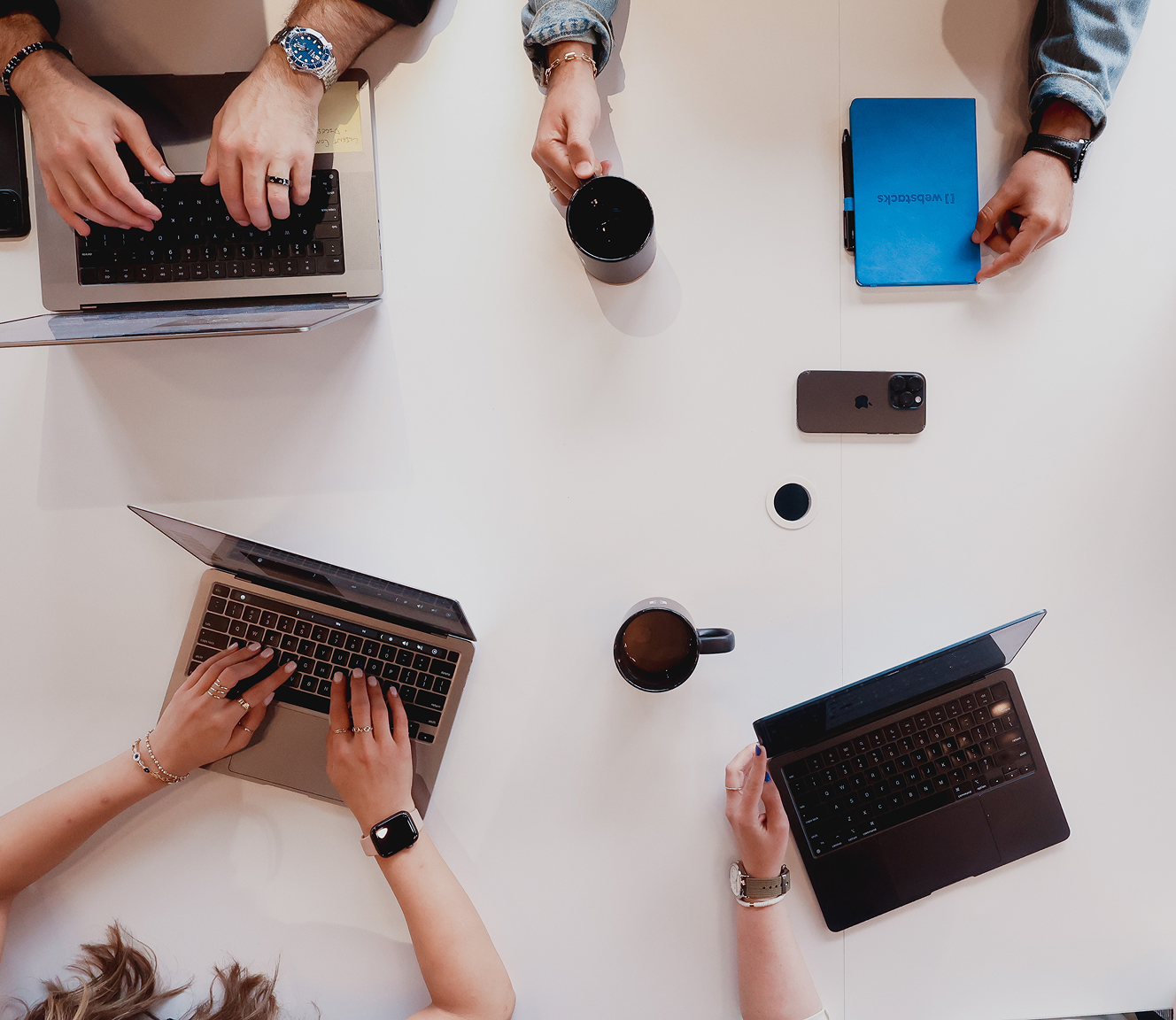 Overhead photo of team members hands and laptops