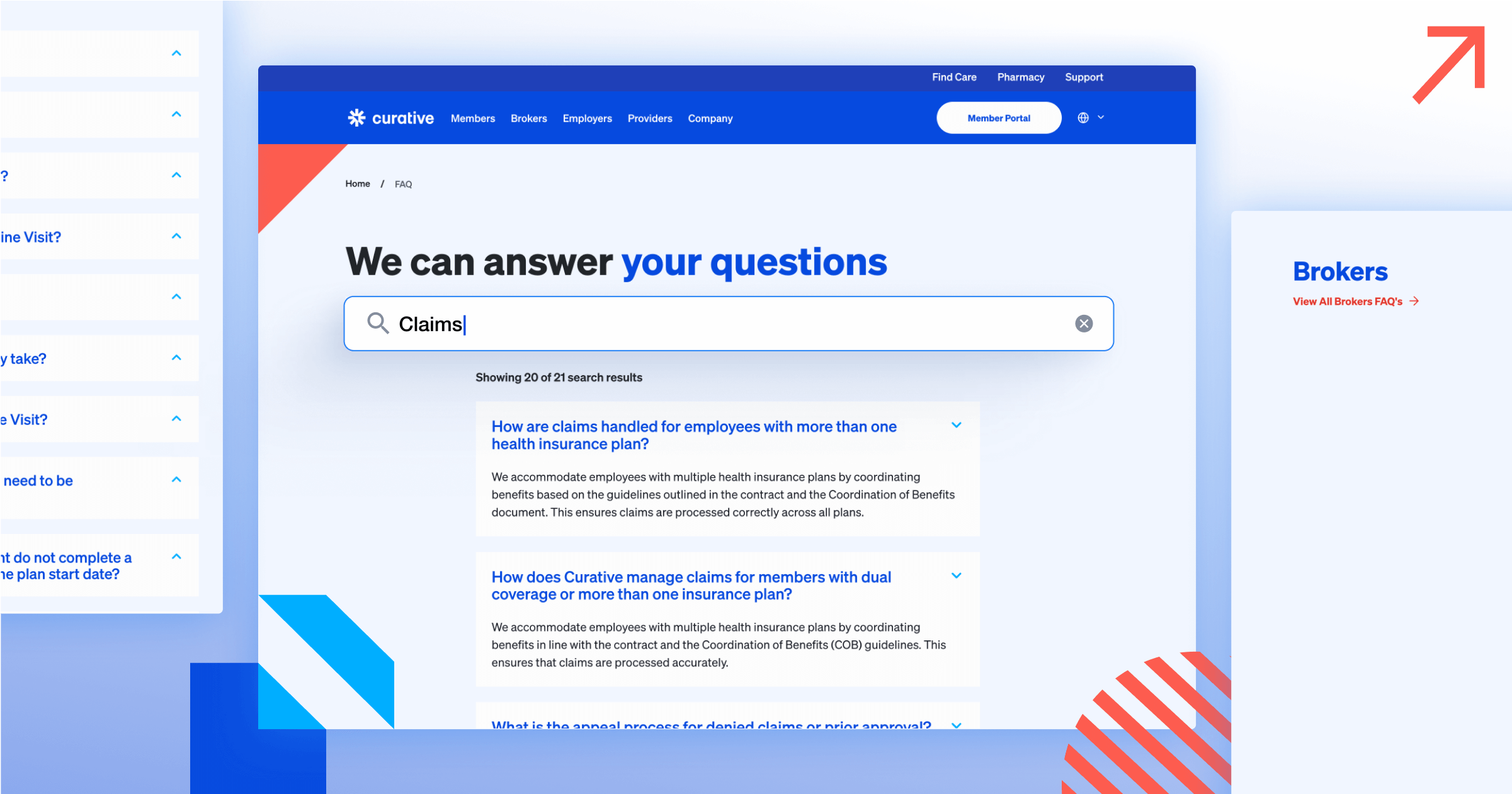 FAQ page with a search bar for "Claims" and displayed questions about health insurance claims handling.
