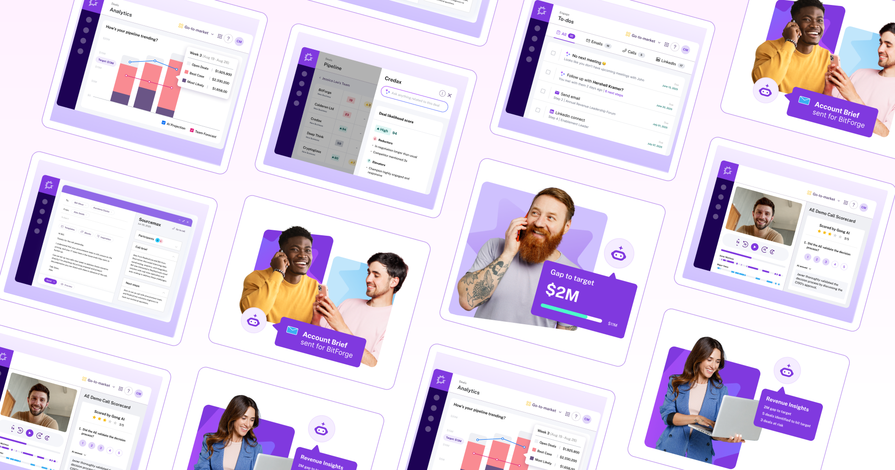 Collage of digital tools, analytics dashboards, and diverse individuals communicating in a professional setting.