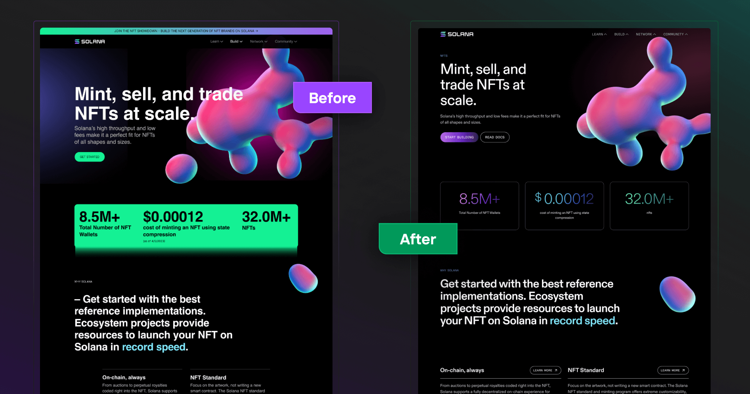 Before and after comparison of Solana's NFT website, showcasing updated design and key metrics.