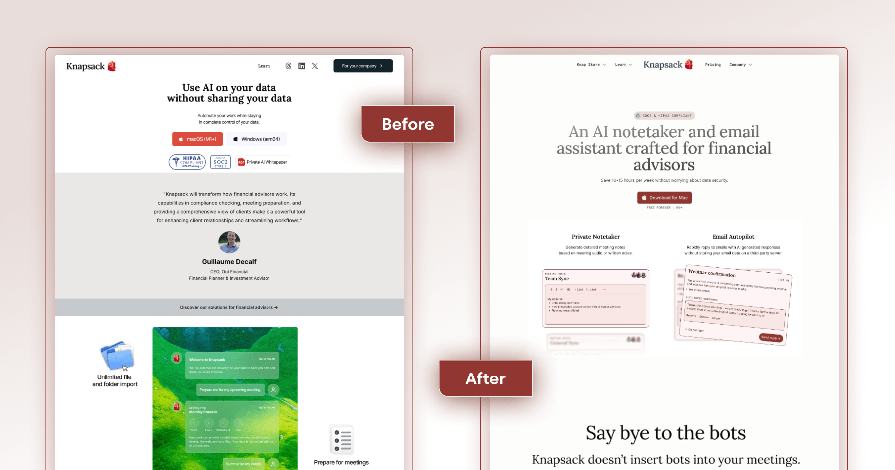 Comparison of Knapsack's website before and after redesign, highlighting AI tools for financial advisors.