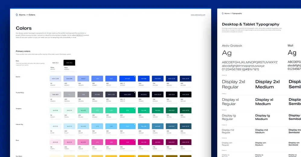 Color palette and typography styles for a design system, showcasing primary colors and font examples.