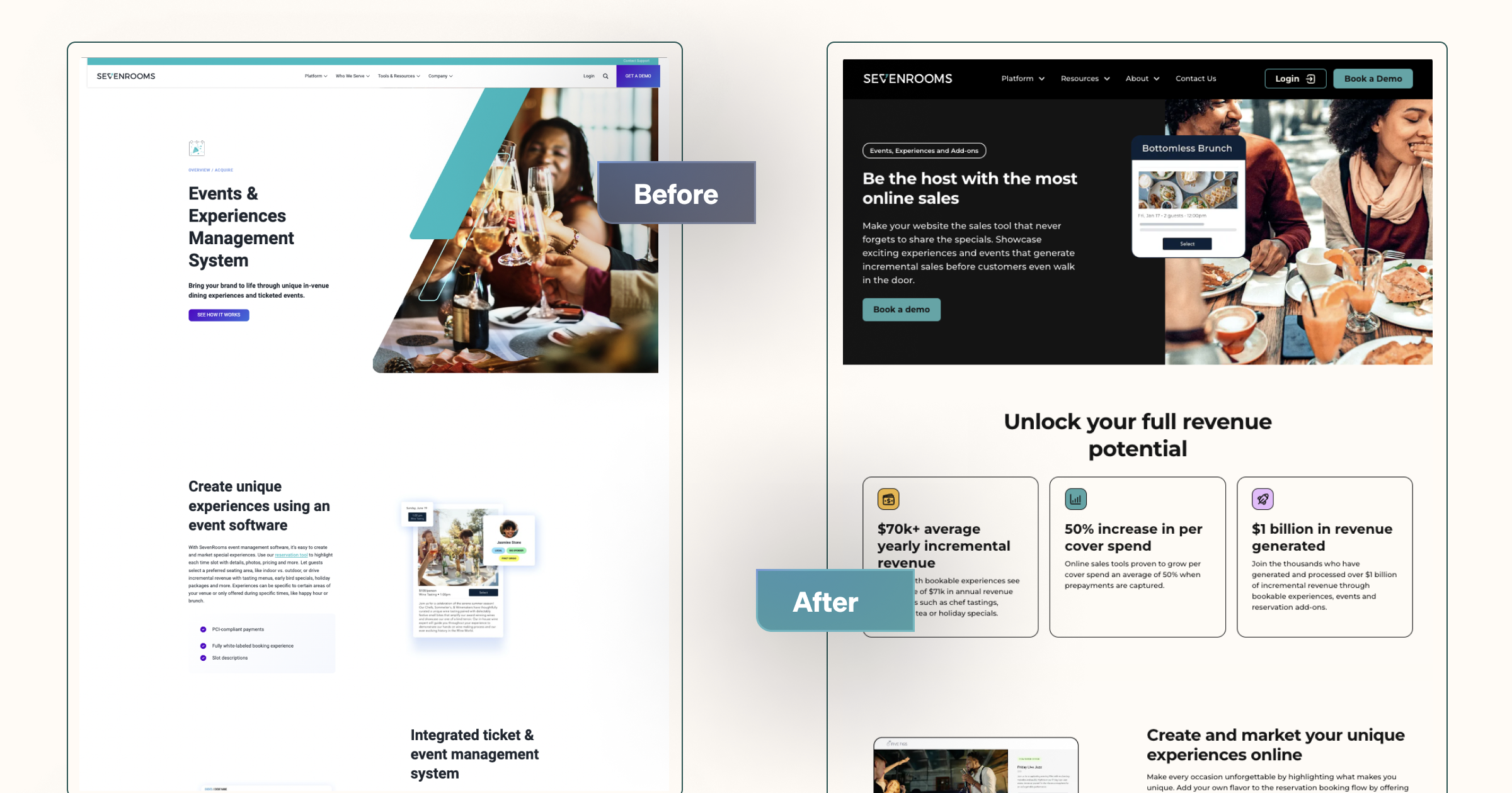 Comparison of website redesign for SevenRooms showcasing event management features.