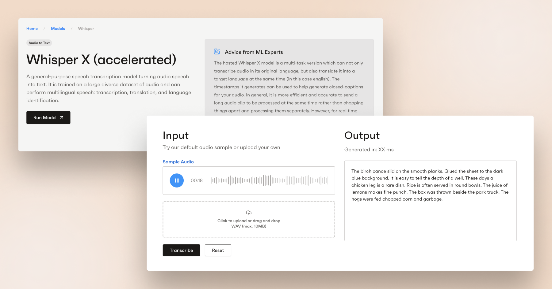 Interface displaying Whisper X model for audio transcription with input and output sections, showing audio sample and transcription.