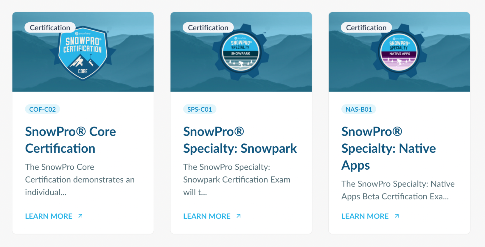 A card deck from the certification listing page on the Snowflake University website.