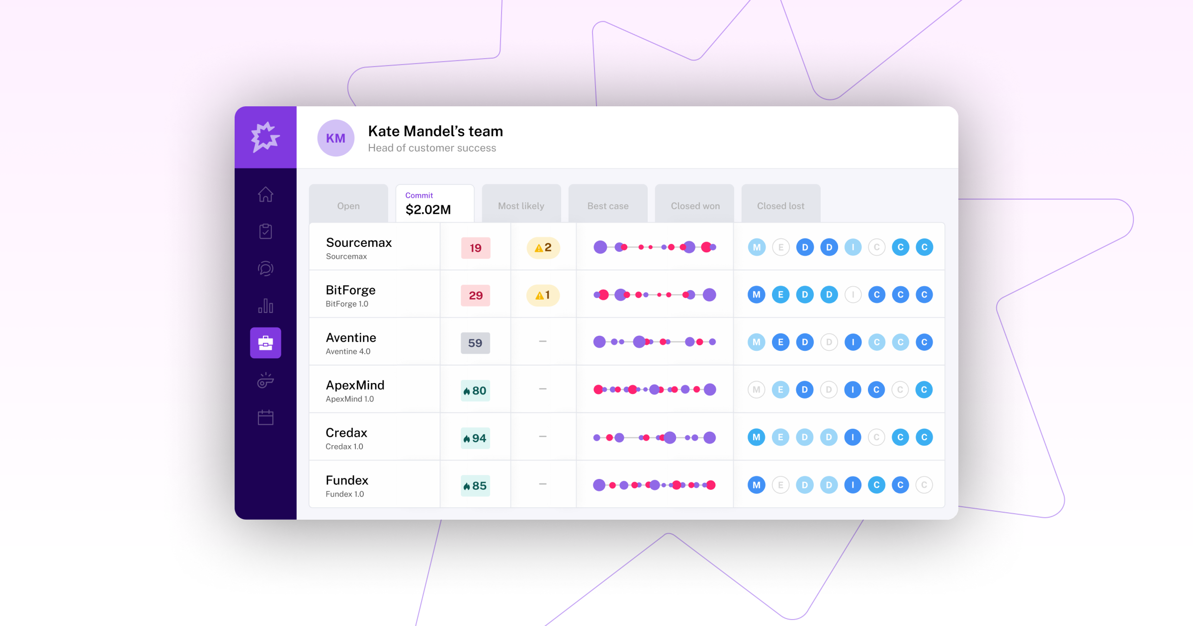Dashboard displaying Kate Mandel's team performance metrics and client status for various projects.