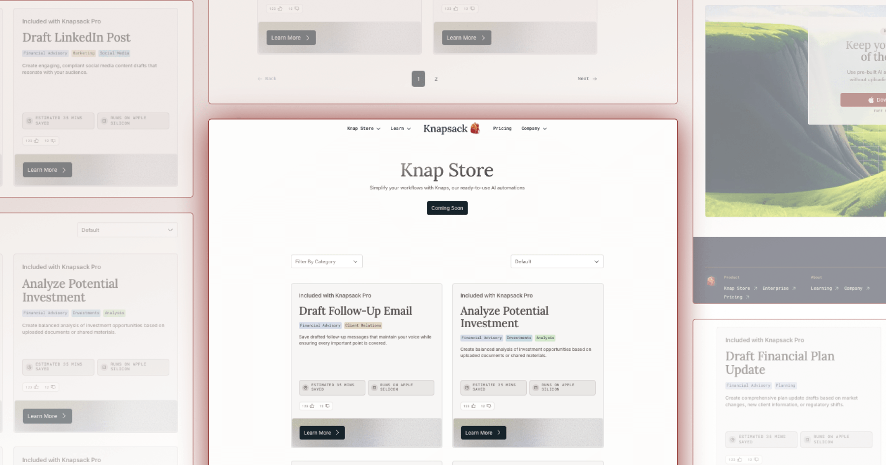 Screenshot of the Knap Store, showcasing AI tools for drafting and analyzing various financial documents and posts.