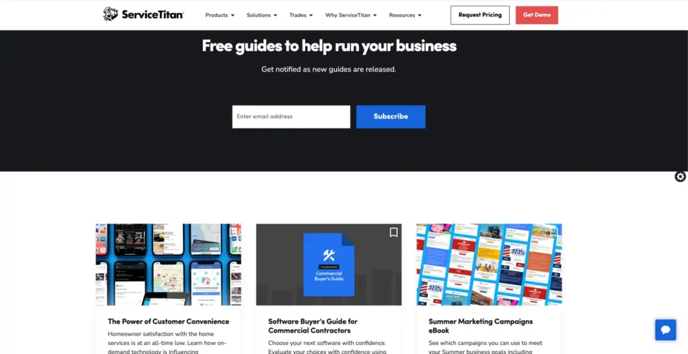 ServiceTitan webpage showcasing free business guides and resources for contractors.